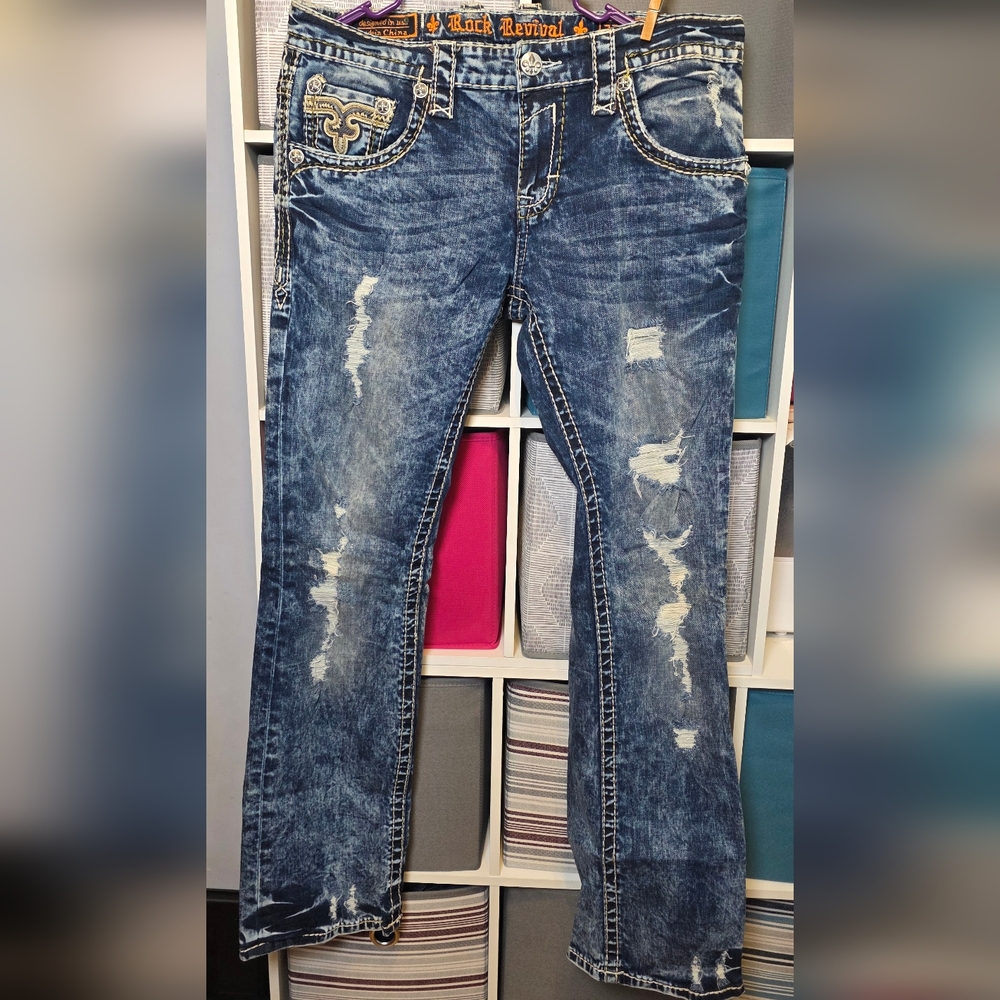 Rock Revival Blue Slim Bootcut Jeans with Distressed Look